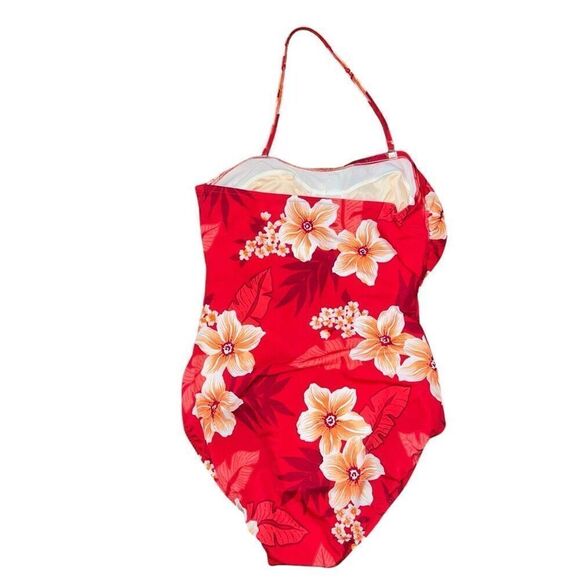 VINTAGE JANTZEN Halter Removable Strap Red Floral One Piece Bathing Suit Size 16 - Picture 2 of 8
